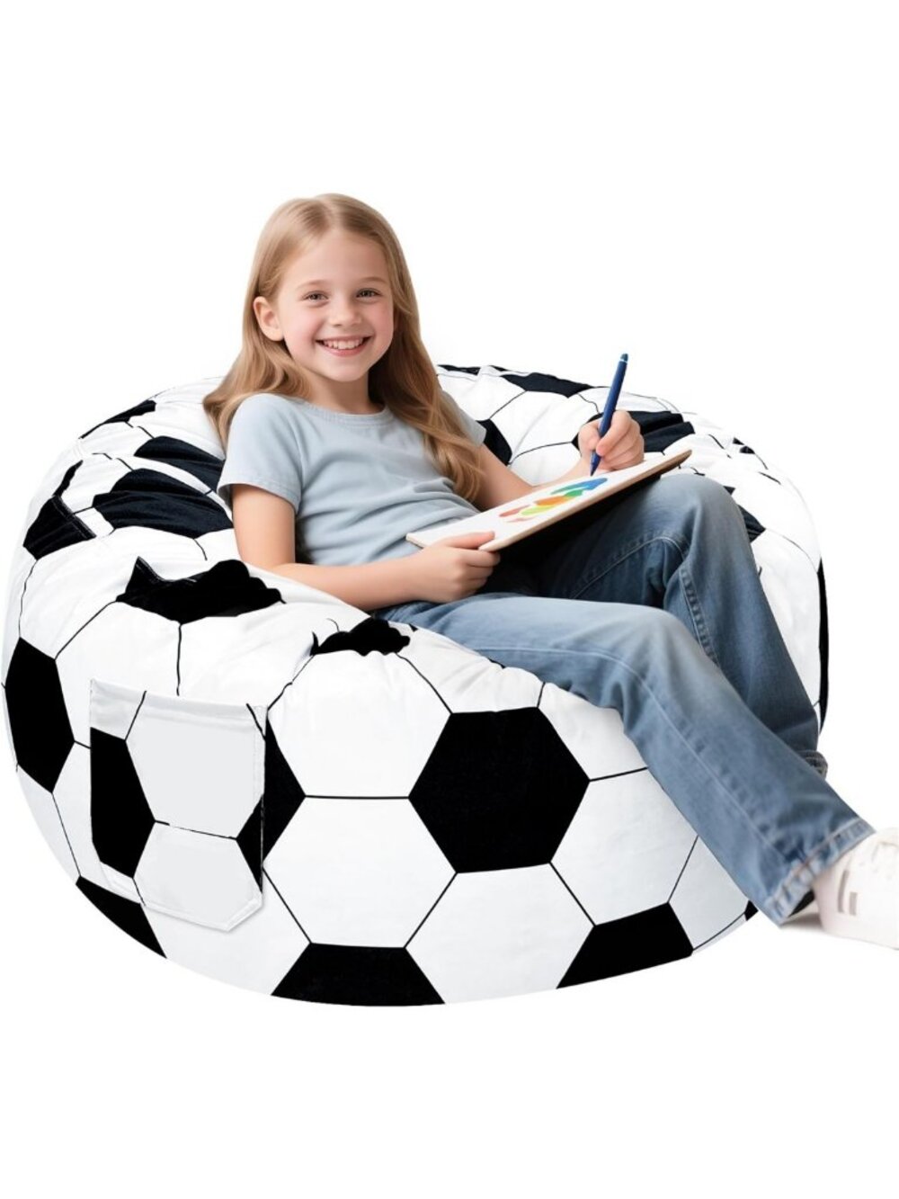 Soccer-Themed Memory Foam Bean Bag Chair for Kids & Teens, Washable Velvet